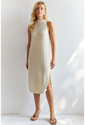 Kadın Vanilya Halter Yaka Triko Midi Elbise MP20134