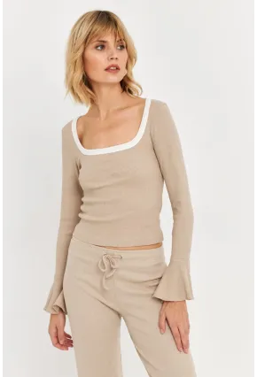 Kadın Vanilya Kontrast Yaka İspanyol Kol Bluz ALB3105