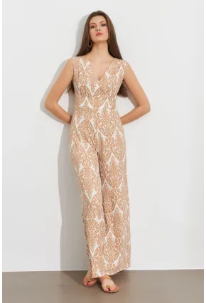 Kadın Vanilya Kruvaze Yaka Desenli Bürümcük Tulum MP430