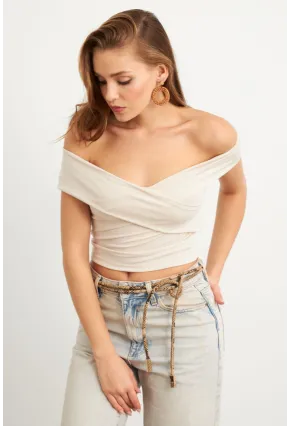 Kadın Vanilya Madonna Yaka Crop Bluz VA101