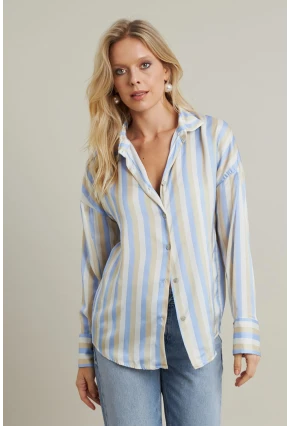 Kadın Vanilya-Mavi Desenli Saten Gömlek MSHR9