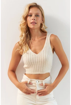 Kadın Vanilya Ön Arka V Triko Crop Bluz MP20136