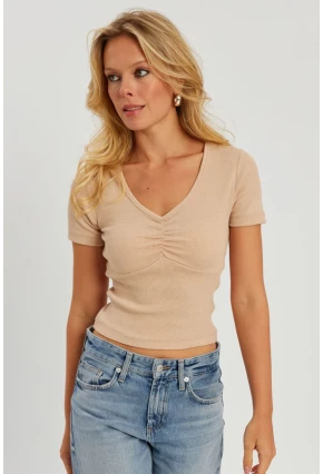 Kadın Vanılya Önü Büzgülü V Yaka Bluz AYD309