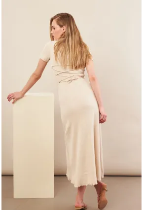 Kadın Vanilya Sırt Bağlamalı Kaşkorse Midi Elbise MFRY0001