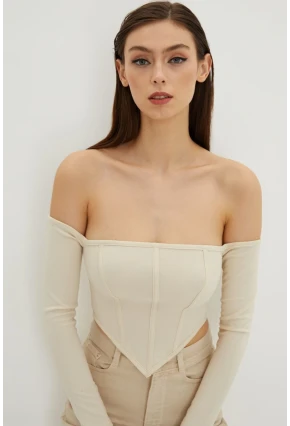 Kadın Vanilya Sırt Fermuarlı Crop Bluz B518