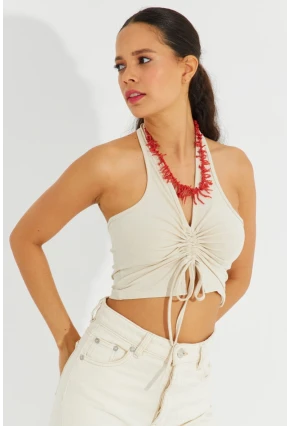 Kadın Vanilya Sırtı Açık Crop Bluz B2697
