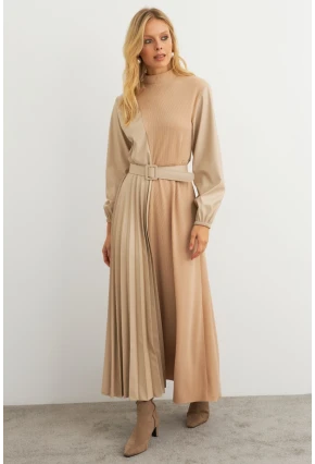 Kadın Vanilya Suni Deri Bloklu Pilili Maxi Elbise MALZ100