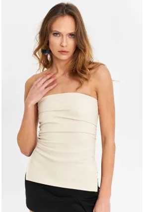 Kadın Vanilya Suni Deri Straplez Bluz SB113