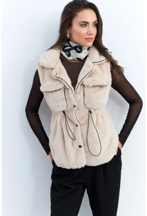 Kadın Vanilya Suni Kürk Cepli Yelek MK66