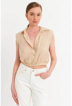 Kadın Vanilya Taş Detaylı Crop Gömlek SUN200