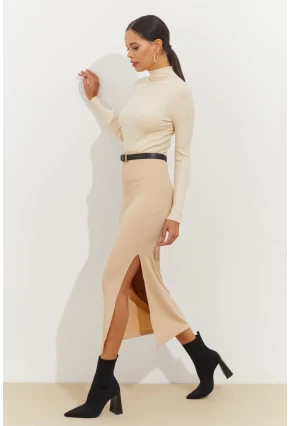 Kadın Vanilya Yandan Yırtmaçlı Midi Etek BK1600