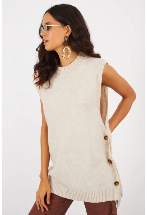 Kadın Vanilya Yanları Düğmeli Kolsuz Triko Tunik YV75