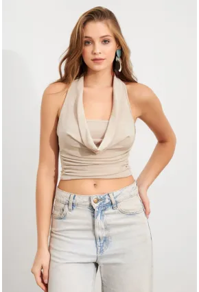 Kadın Vanilya Zincir Aksesuarlı Degaje Yaka Bluz MTK13443