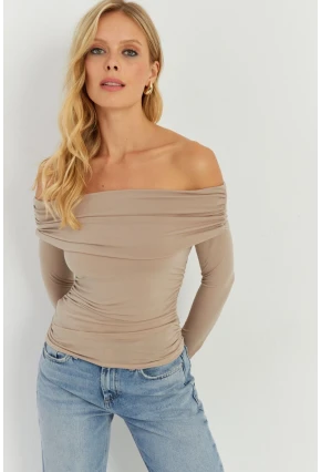 Kadın Vizon Büzgülü Madonna Bluz MON1119