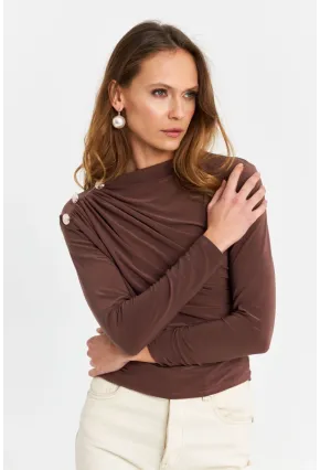 Kadın Vizon Düğme Detaylı Büzgülü Bluz LPP1223-1