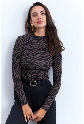 Kadın Vizon-Siyah Zebra Desenli Bluz LPP1275