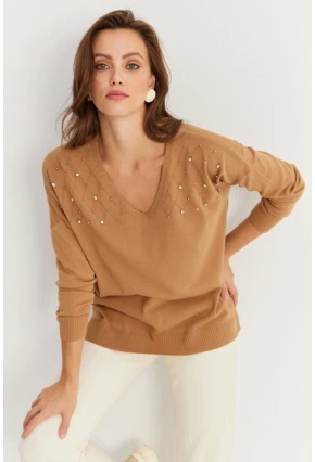 Kadın Vizon V Yaka Taşlı İnce Triko Bluz YİL002
