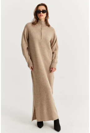Kadın Vizon Yakası Fermuarlı Triko Maxi Elbise MNUV10