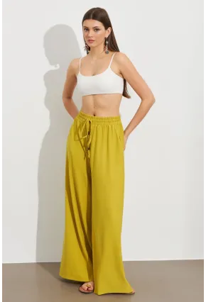 Kadın Yağ Yeşili Beli Lastikli Bürümcük Pantolon ROP105