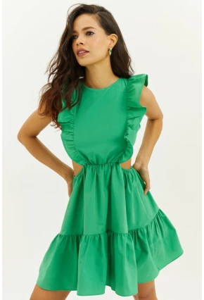 Kadın Yeşil Bel Dekolteli Volanlı Mini Elbise SF1523
