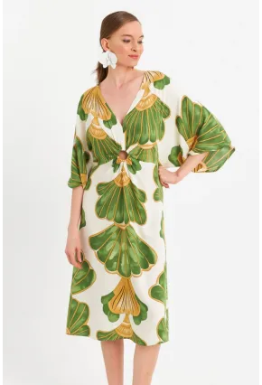 Kadın Yeşil-Beyaz Desenli Pencereli Midi Elbise Q1003