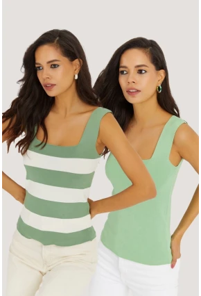 Kadın Yeşil-Beyaz İkili Kare Yaka Triko Bluz YV126