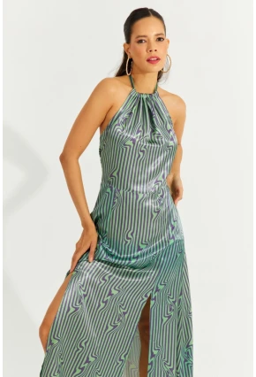 Kadın Yeşil Boyun Bağlamalı Sırtı Gipeli Maxi Elbise BK1664