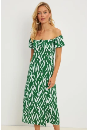 Kadın Yeşil Bürümcük Büzgülü Midi Elbise DY105