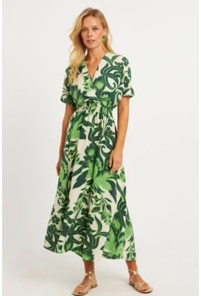 Kadın Yeşil Desenli Gipeli Midi Elbise YZ1055