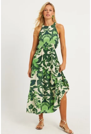 Kadın Yeşil Desenli Midi Elbise YZ1107