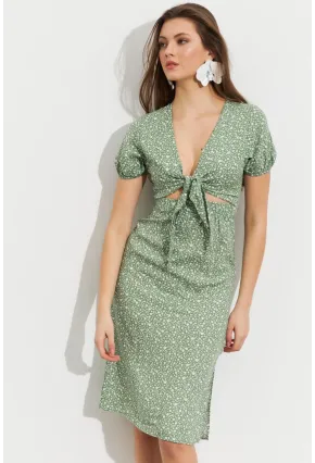 Kadın Yeşil Desenli Pencereli Midi Elbise Q1013