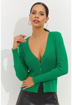 Kadın Yeşil Düğmeli Triko Bluz YV94