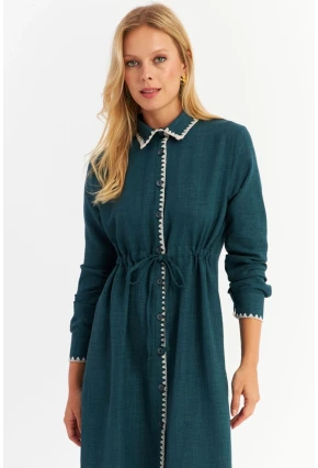 Kadın Yeşil Garnili Gömlek Midi Elbise MASF10
