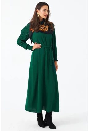 Kadın Yeşil Kolları Pileli Kemerli Maxi Elbise MASF124