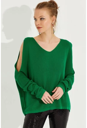 Kadın Yeşil Kolu Yırtmaçlı Triko Bluz SMT221