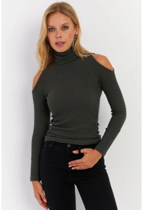 Kadın Yeşil Omuzları Açık Kaşkorse Bluz HOR04