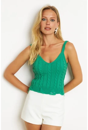 Kadın Yeşil Örgülü V Yaka Triko Bluz KAZ05