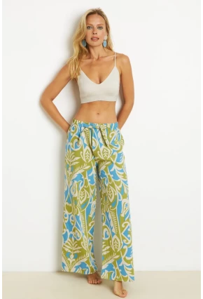 Kadın Yeşil Palozzo Desenli Keten Pantolon K1250