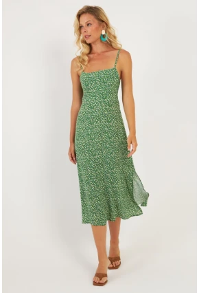 Kadın Yeşil Sırtı Gipeli Desenli Midi Elbise MP427