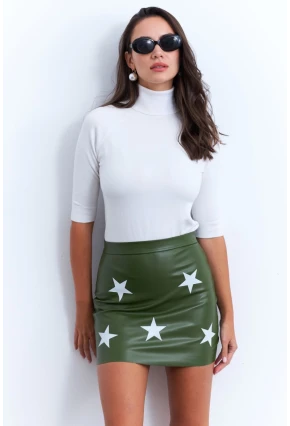 Kadın Yeşil Suni Deri Desenli Mini Etek NH92