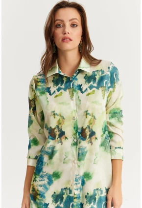 Kadın Yeşil Taş Düğmeli Desenli Gömlek MLVF9