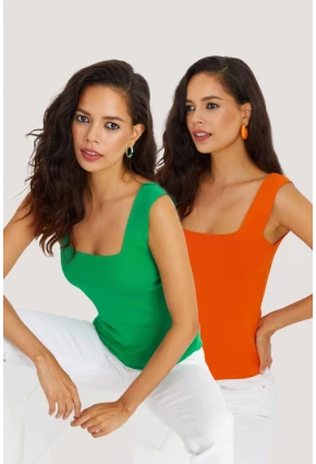 Kadın Yeşil-Turuncu İkili Kare Yaka Triko Bluz YV124