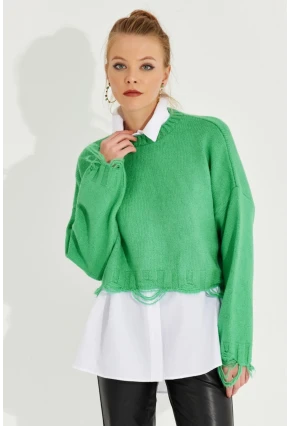 Kadın Yeşil Yırtık Detaylı Triko Kazak KZ2800