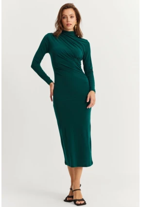 Kadın Zümrüt Yeşil Drape Maxi Elbise DMR377