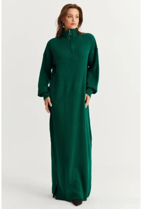 Kadın Zümrüt Yeşil Yakası Fermuarlı Triko Maxi Elbise MNUV10