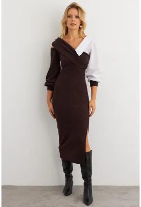 Kadın Acı-Kahve Blok Kumaşlı Asimetrik Yaka Maxi Elbise KED4469