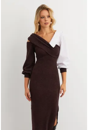 Kadın Acı-Kahve Blok Kumaşlı Asimetrik Yaka Maxi Elbise KED4469