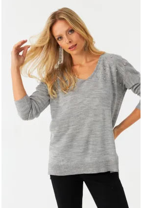 Kadın Açık Gri V Yaka Taşlı İnce Triko Bluz YİL002