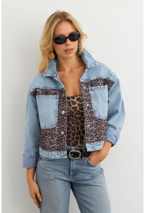 Kadın Açık-Mavi Bloklu Leopar Denim Ceket KAM300
