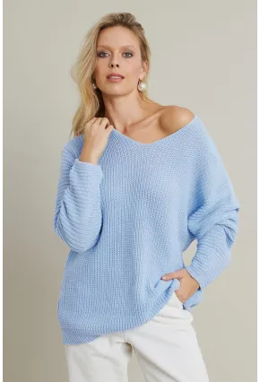 Kadın Açık-Mavi V Yaka Salaş Triko Bluz SMT158